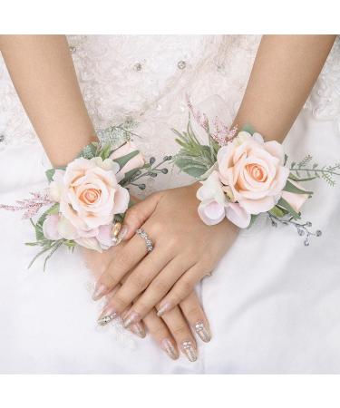Campsis Wedding Handmade Wrist Flower Corsage Pink Leave Ribbon Bride Wristlet for Bridal Bridesmaid Prom Party Beach Photography 2PCS