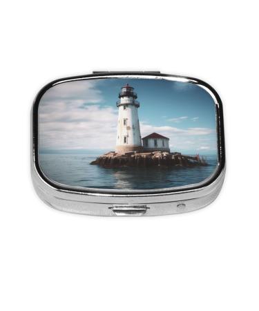 Light House Ocean Printing 2 Compartment Small Pill Case Cute Small Pill Box Purse Pill Boxs Travel Pill Organizer for Pocket Purse and Travel Gifts