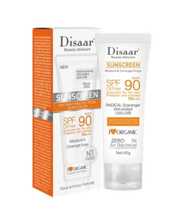 DISAAR BEAUTY SPF 90 Sunscreen Instant Protection UVA UVB Foundation PA+++ Oil Free Sunblock Cover Protect Perfectly Moisturizing Coverage Surge 40g