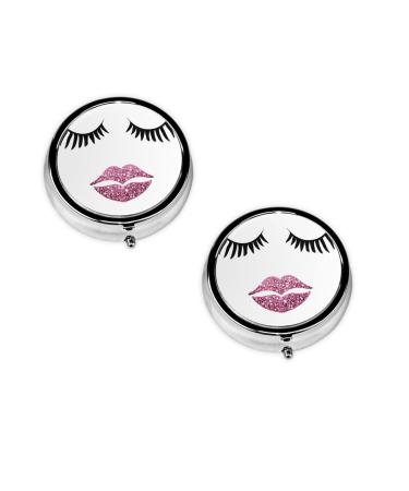 Eyelash Lip White Print Printed Mini Round Pill Box Pill Box 3 Compartment Medicine Pill Case Pill Organizer Travel Pillbox Portable Pill Box for Pocket Home Office Use