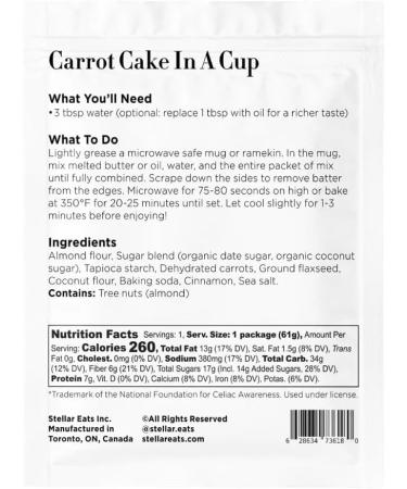 Stellar Eats Instant Treat: Carrot Cake In A Cup (8-pack) 8 x 2.2oz Grain Free Gluten Free Plant Based Paleo Friendly Certified Kosher - Buy Online on GoSupps.com