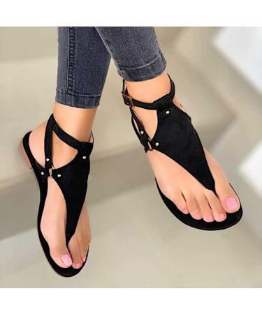 Women's summer sandals women's flip-flops with a flat clip toe bohemia open toe area suede beach shoes light comfortable hiking shoes for outside and inside sexy sandals (goud black 36 EU