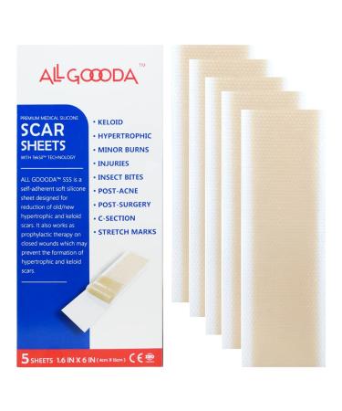 ALL GOOODA Silicone Scar Sheets Strips Tape 1.6 x6 5 Sheets  Scar Removal Reducing Away Surgical Treatment Keloid Bump Surgery Burn Tummy Tuck Acne C-Section Stretch Marks Silicon Cream
