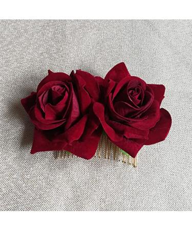 Rose Hair Clip Comb for Women - Burgundy Flower Hairpin for Wedding, Brides, Girls - Dark Red Hair Accessory - Buy Online on GoSupps.com