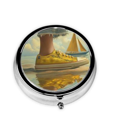 Yellow Canvas Shoes Portable Metal Pill Box Round Mini 3-Compartment Plastic Insert hinged Fastening Design Suitable for Small Pills Must-Have for Travel Black