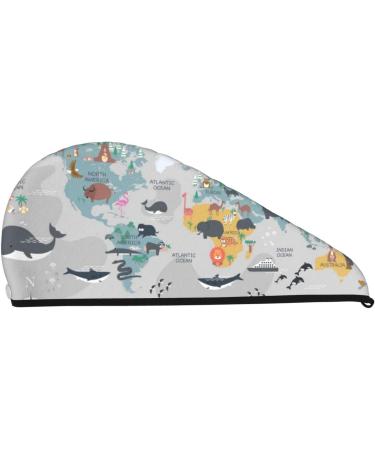World Map Cartoon Animals Microfiber Hair Towel - Soft Super Absorbent & Quick Dry Hair Wrap for Long Curly & Thick Hair - Buy Online on GoSupps.com