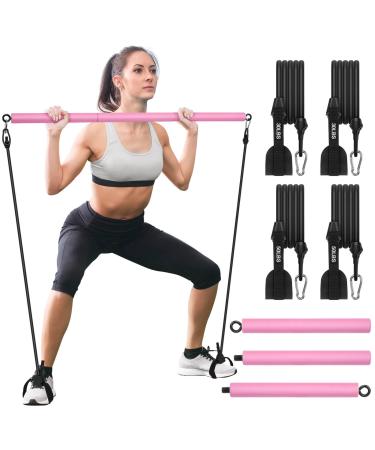 Pilates Bar Kit with Adjustable Resistance Bands, 3-Section Pilates Stick Bar for Women and Men, Portable Full Body Workout Bar at Home, Gym, Office, Travel Pink