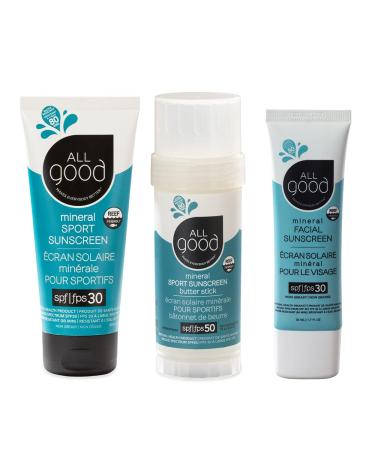 All Good Sport Mineral Sunscreen & Facial Sunscreen Bundle - UVA/UVB Broad Spectrum  Water Resistant - Includes (1) SPF 50 Butter Stick  (1) SPF 30 Lotion  & (1) SPF 30 Facial Sunscreen - Buy Online on GoSupps.com