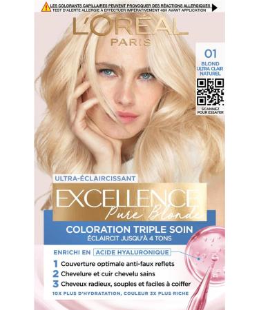 L OR AL PARIS - Coloration Cheveux Permanente Triple Soin - Couvre 100% des Cheveux Blancs - Excellence Cr me - Nuance : Blond Ultra Clair Naturel (01)