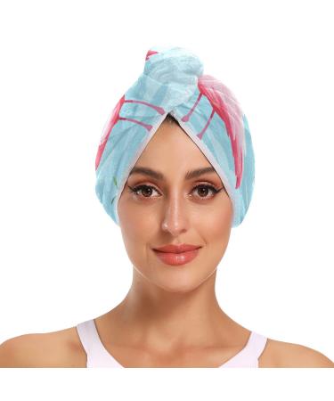 Pink Flamingos Hair Towel 2 Pack Super Absorbent Hair Drying Towel Quick Dry Hair Turbans Head Towel with Button Twisty Wrap for Women Girls