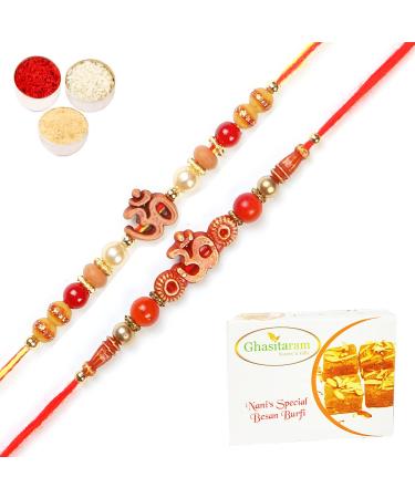 Ghasitaram Gifts Rakhi for Brother Rakhis Online - Set of 2 5504 6037 Om Rakhi Threads with 200 GMS of Besan Barfi