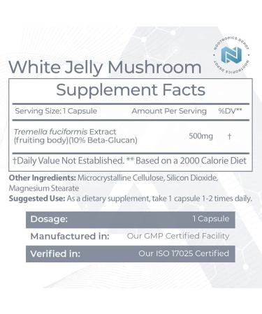 Nootropics Depot White Jelly Mushroom Capsules | 500mg | 60 Count | Tremella fuciformis - Buy Online on GoSupps.com