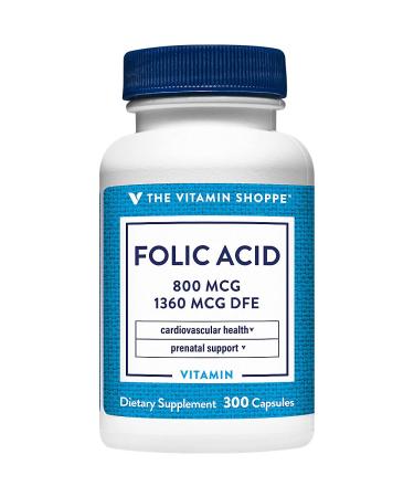 The Vitamin Shoppe Folic Acid 800MCG Supports Prenatal Fetal (300 Capsules) 300 Count (Pack of 1)
