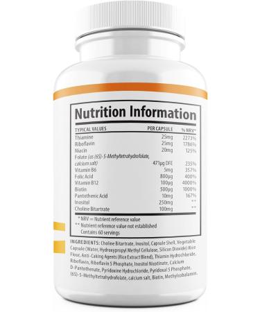 Vitamin B Complex with 5-MTHF Folate, B1, B2, B5, B6, Methyl B12, Niacin, Biotin - Stress & Heart Health Support - Buy Online on GoSupps.com