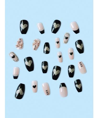 24pcs Bow Black Coffin Fake Nail Bow Heart Press on Nails Bow Heart Long Coffin Nails Luxurious Nails Acrylic Nails Fake Nails For Women Girls - Buy Online on GoSupps.com