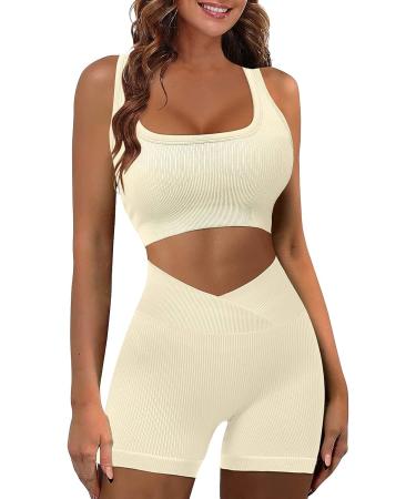 JZC Ribbed Seamless High Waist Yoga Shorts Set for Women - Medium A Beige - Buy Online on GoSupps.com