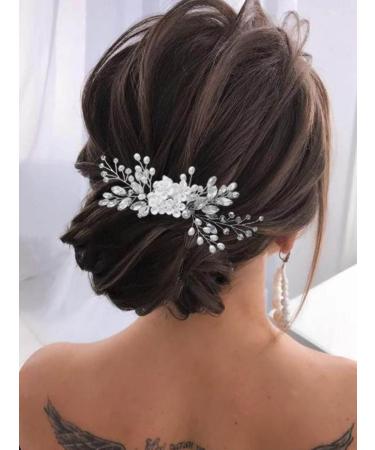 Unsutuo Flower Bride Wedding Hair Comb Silver Crystal Bridal Hair Accessories Pearl Hair Piece for Women and Girls