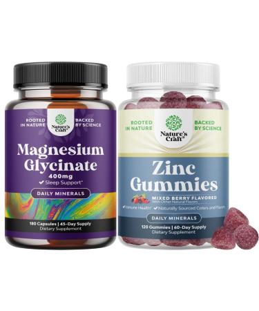 Bundle of Pure Magnesium Glycinate Supplement 400mg Per Serving for Mood Sleep & Relaxation Support and Extra Strength Zinc Gummies - Vitamins & Mineral Supplement for Adults - Energy & Immune Support