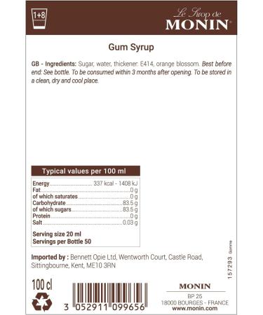 MONIN Premium Gum Syrup 1L: Vegan-Friendly, Allergen-Free, 100% Natural for Cocktails and Mocktails - Buy Online on GoSupps.com