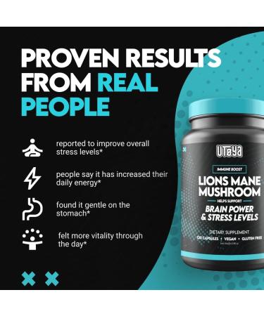 UTOYA Lions Mane Supplement Capsules - Gluten Free/Vegan Mushroom Supplements for Brain Power Stress Relief Mental Clarity and Calm - Non- GMO Immune Support Supplements - 120 Capsules - Buy Online on GoSupps.com