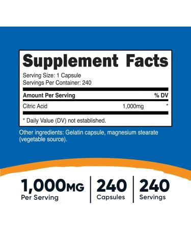 Nutricost Citric Acid 1000mg (1 Gram) 240 Capsules - Gluten-Free & Non-GMO - Buy Online on GoSupps.com
