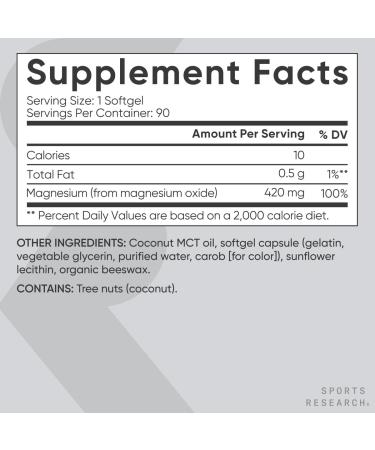 Sports Research Magnesium Oxide 420mg with Coconut MCT Oil - Magnesium Supplement for Muscle Nerve and Bone Support* - Gluten-Free Non-GMO - 90 Softgels - Buy Online on GoSupps.com