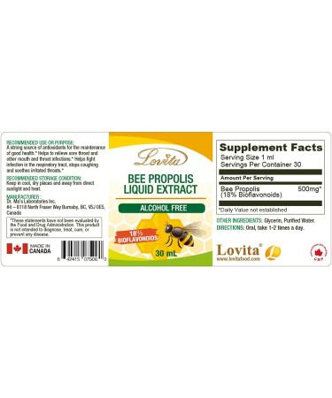 Lovita Bee Propolis 500mg Ultra Strength Extract, Alcohol-Free Liquid Supplement for Immune Support & Sore Throat Relief - 1.01 Fl Oz - Buy Online on GoSupps.com