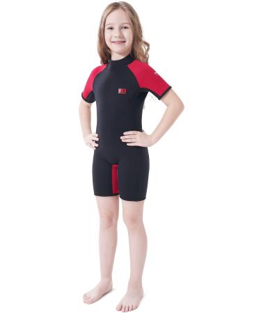 Dark Lightning 3/2mm Kids Wetsuit for Boys and Girls, Neoprene Thermal Swimsuit, Toddler/Junior/Youth One Piece Wet Suits for Scuba Divingkeboarding, Shorty-Red Large