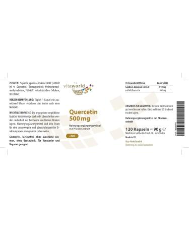 Vita World Quercetin 500mg 120 Capsules - Vegan & 100% Natural - High Dosage - Made in Germany with Analysis Certificate - Buy Online on GoSupps.com