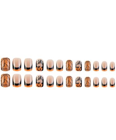 Buy Halloween Press On Nails - Medium Square Black & Yellow French Tips with Pumpkin & Spider Web - 24 Pcs Glossy Fake Nails for Women - Buy Online on GoSupps.com
