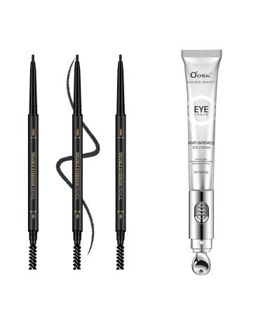 O'CHEAL 3Pcs Waterproof Eyebrow Pencil Dark Brown and Eye Cream with Vibrating Electric Massage Head