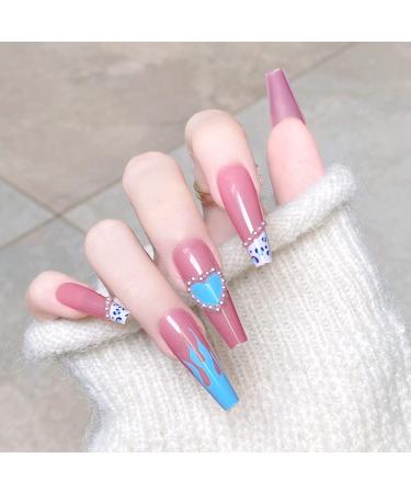 Xerling Blue Heart French Coffin Nails with Charms Women Long Press On Nails Full Cover Ballerina Fake Nails for Girls False Nails Stick On with Designs (Pattern C)