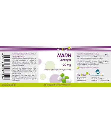Vita2You NADH 20mg - 60 Gastro-Resistant Capsules | Coenzyme 1 | Premium Quality - Buy Internationally - Buy Online on GoSupps.com
