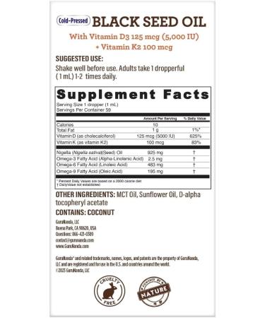 GuruNanda Cold Pressed Black Seed Oil with Vitamin D3 & K2 - 2 fl oz | Pure & Organic - Buy Online on GoSupps.com