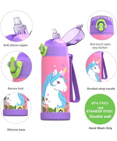 16 oz Insulated Kids Water Bottle with Straw - Stainless Steel, Leak Proof, Unicorn Design - Buy Online on GoSupps.com