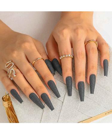 Sethexy Long Black Coffin Ballerina Nails | 24 Pack Matte Sparkle Acrylic Press-On Nail Tips for Women & Girls - Buy Online on GoSupps.com