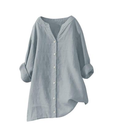 Womens Summer Cotton and Linen Loose Fit Blouses Button Up Tops Ladies Retro T Shirts Casual Going Out Short Sleeve Tunic Top V-Neck Oversized Tee 112-qppoj-grey#2 M