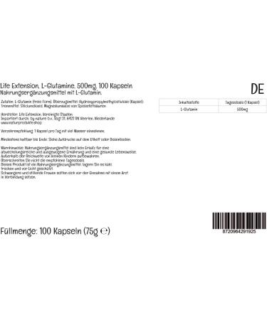 Life Extension L-Glutamine 500mg Vegan Capsules - Lab-Tested Gluten Free | Vegetarian | Soy Free | GMO Free - Buy Online on GoSupps.com