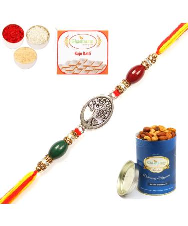 Ghasitaram Gifts Rakhi for Brother Rakhis Online - 8833 Premium Rakhi with 100 GMS of Dryfruits Mix Can 200 GMS of Kaju katli Rakhi & 100g Dryfruits Mix Can 200g Kaju katli