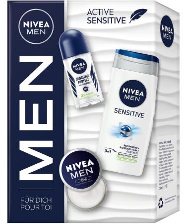 NIVEA MEN Active Sensitive Gift Set with Moisturizing Care Products Gift set with Sensitive Shower Gel Sensitive Protect Antiperspirant Deodorant Roll-on and NIVEA Men Cream - Buy Online on GoSupps.com