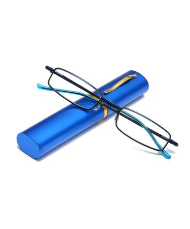Hubeye portable metal reading glasses flexible light vision feather hinge classic unisex reading help glasses with case 1.00 blue 1.0 dioptria