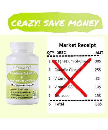 YNATUREY Candida Cleanse - Gut & Colon Support Magnesium Glycinate 600mg Women and Men Supplement with Magnesium Malate Vitamin D B6 for Gut Support & Sleep for Adults 60 Capsules - Buy Online on GoSupps.com