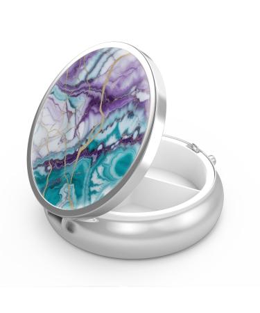 Pill dose 3 compartments Medicine Pill can portable pill box for bag or wallet Pillendose Decorative Metal Medicine Vitamin Organizer Unique Gift (Purple Teal Blue Marble) 47-Purple Teal Blue Marble 1 piece