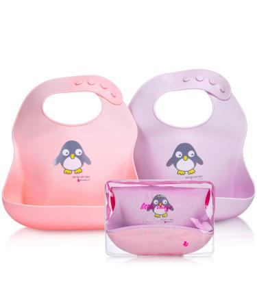 NatureBond Baby Bibs Silicone Weaning Bibs for Babies & Toddlers Set of 2 w/Carry Pouch (Cotton Candy Pink & Macaron Lavender)