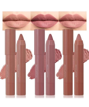 3 Colors Matt Nude Lipstick Lipliner Lip Crayons Pack Set Velvet Moisture Smooth Matte Lipstick Pencils Waterproof&Waterlasting #02#04#06