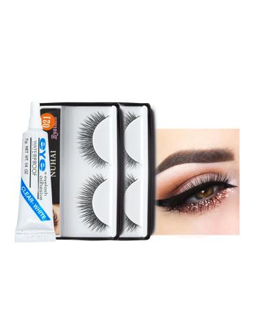 Natural False Eyelashes 2 pairs Strip Lashes with Glue Lashes Fluffy Wispy Long 3D Reusable Lashes For Daily Office Dating Fake Eyelashes