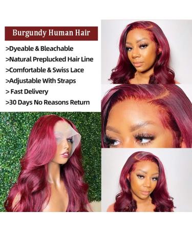 Burgundy Lace Front Human Hair Wig 20 Inch Body Wave 99J Color | Pre Plucked & Bleached Knots | 160% Density HD Lace Frontal Wig for Black Women - Buy Online on GoSupps.com