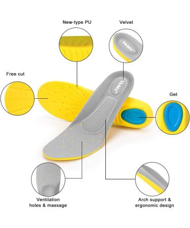 VoMii Memory Foam Insoles | Arch Support for Plantar Fasciitis | Shock Absorbing Shoe Inserts for Men, Women, Kids | Comfortable & Breathable | Relieve Foot Pain - Gray, Size L - Buy Online on GoSupps.com