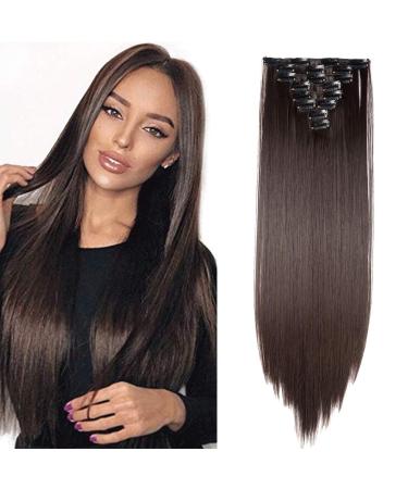 26" Long Straight Clip in Hair Extensions Full Head 8Pcs 18Clips Ombre Colorful Synthetic Hair Clip in Hairpiece Dark Brown Dark Brown 26 inch