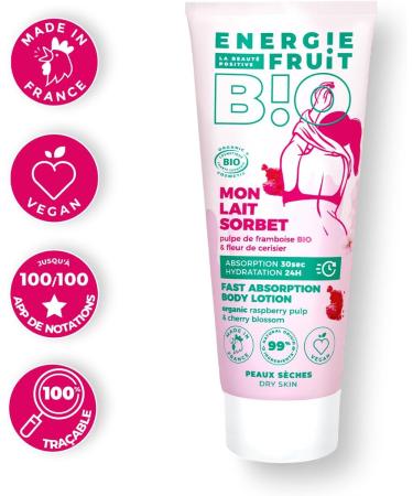 FRUIT ENERGY | Fast absorption body milk | Cherry blossom and raspberry pulp ORGANIC | Certified Organic by ECOCERT | 200ML - Buy Online on GoSupps.com